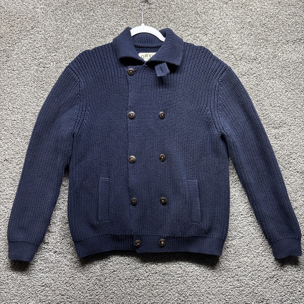 ORVIS Double Breasted Cardigan Sweater Men's Large Cotton Navy Fisherman Grandpa